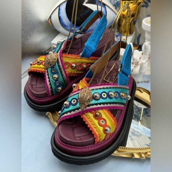 🆕 KURT GEIGER LONDON 🧿 NWOB Orson Cross Scallop Sandal Purple Multi Sz 37 US 7 - Picture 9 of 14